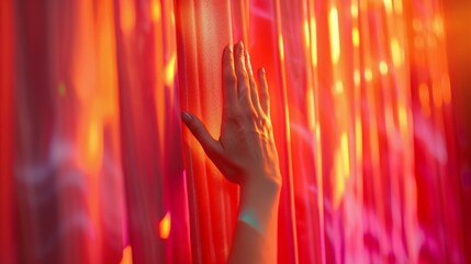 Wall Mural - Revealing the Excitement: Close-Up of Hand Pulling Back Red-Coral Curtain at a Concert Scene