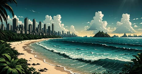 ocean sea beach and mountains city landscape at night sunset under moon and clouds. waves on the shore by tropical urban cityscape.	