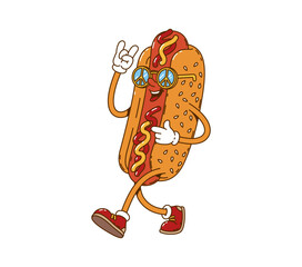 Wall Mural - Cartoon retro groovy hot dog character. Funny fast food vintage personage, groovy cheerful street meal mascot or vintage cute isolated vector sticker. Hot dog happy character wearing hippie sunglasses