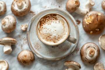 Poster - Overhead view of a cup of mushroom coffee surrounded by superfood mushrooms