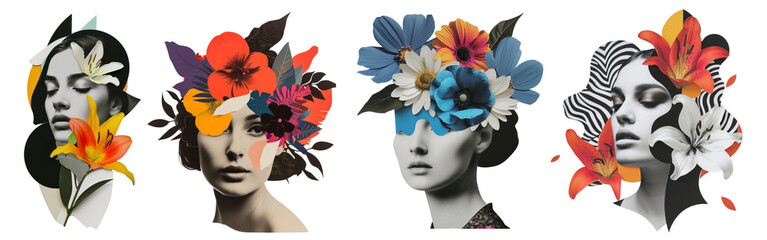 Poster - Cut paper collage with female flowers png element set on transparent background