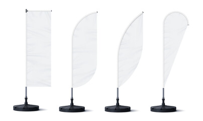 Wall Mural - realistic banner stand and beach flags for outdoor advertising, vector blank mockups. beach flag ban
