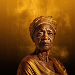Wall Mural - Gold background sad black american independant powerful Woman realistic person portrait of older mid aged person beautiful bad mood expression 