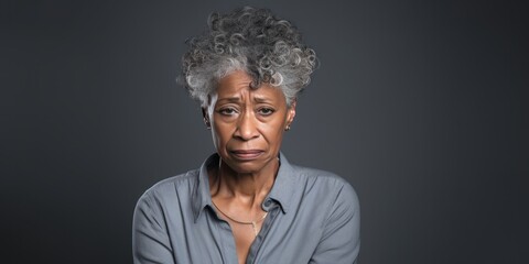 Gray background sad black american independant powerful Woman realistic person portrait of older mid aged person beautiful bad mood expression Isolated on Background racism skin 