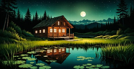 log cabin lodge by river lake in open field of grass in summer at night under clouds and moon. large green countryside meadow with pond and pasture with house and mountain range.