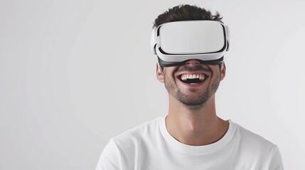 Poster - A man in a white t-shirt wearing virtual reality glasses joyfully explores a new digital world on a flat white background. Generative AI