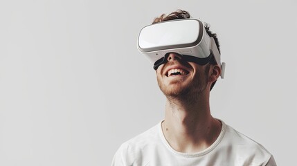 Poster - A man in a white t-shirt immerses himself in virtual reality through a pair of sleek VR glasses, showcasing a blend of technology and modernity. Generative AI