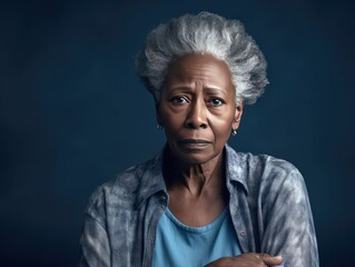 Wall Mural - Indigo background sad black american independant powerful Woman realistic person portrait of older mid aged person beautiful bad mood expression 