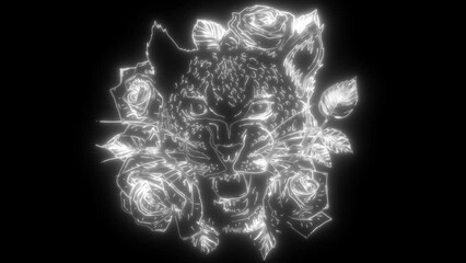 Wall Mural - white silhouette of leopard head with roses on black background