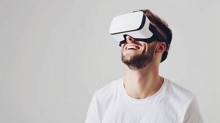 Poster - A man wearing virtual reality glasses, smiling joyfully in a white VR headset. Generative AI