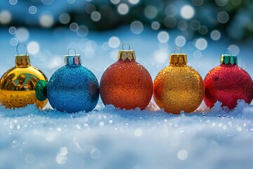 Wall Mural - Colorful christmas baubles arrayed in white snow
