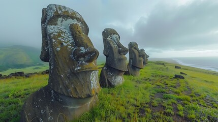 Wall Mural - Easter Island's Silent Guardians American Archeologists Study Chile's Iconic Statues Unraveling Mysteries of Moai Their Cultural Significance Rapa Nui Society Reflecting Island's Isolation Environment