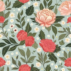 Wall Mural - Flower and plant. Floral classic seamless print in shabby chic style. Flowers  illustration peony, rose, aster, leaves and plants for background, pattern and wallpaper