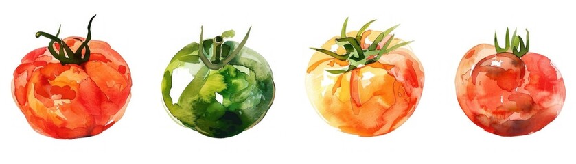 Colorful watercolor painting of four tomatoes in different stages of ripeness. Great for food, art, and nature themes.