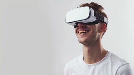 Wall Mural - A man joyfully donning virtual reality glasses against a plain white backdrop, embodying the excitement and potential of VR technology. Generative AI