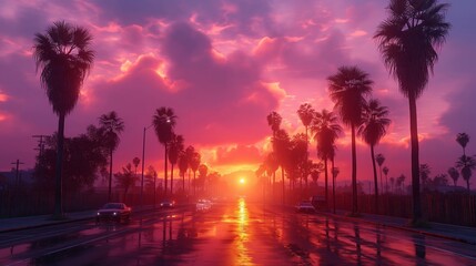 Wall Mural - AI generated illustration of a road lined with palm trees at purple sunset