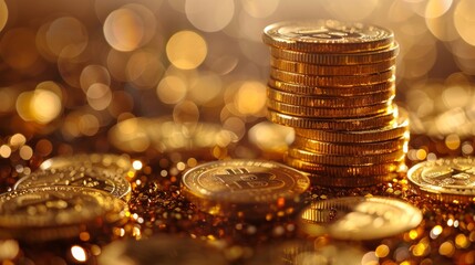 Poster - A stack of golden coins symbolizing wealth and prosperity, arranged neatly against a shimmering gold background. Generative AI.