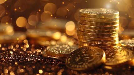 Poster - A stack of golden coins symbolizing wealth and prosperity, arranged neatly against a shimmering gold background. Generative AI.