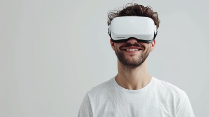 Fototapete - A man in a white t - shirt joyfully experiencing virtual reality with white VR goggles on a flat white background. Generative AI