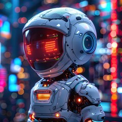 Wall Mural - Cute robot working at computer. Futuristic worker. Humanoid call center. Support job and technologies. Futuristic robot with artificial intelligence or AI. High quality AI generated image