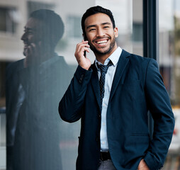 Poster - Phone call, business and Asian man with mobile in city for listening, contact or conversation with client. Talking, loan officer and employee for negotiation, application or credit score feedback
