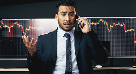 Poster - Phone call, business man and computer with stock market update for financial investment, research and trading. Male person, mobile and pc with fintech display for budget, ecommerce and accounting