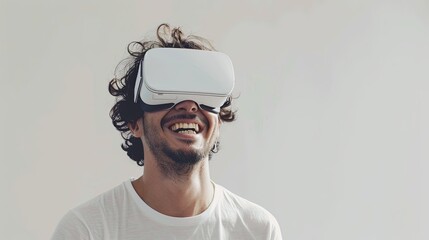 Fototapete - A man in a white t-shirt donning a pair of glasses with a futuristic design, exuding joy and fascination in a virtual reality experience. Generative AI