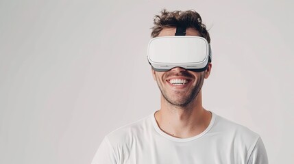 Fototapete - A man joyfully dons virtual glasses against a stark white backdrop, showcasing the concept of immersive digital experiences. Generative AI