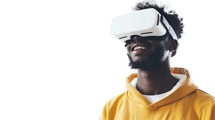 Wall Mural - A man wearing a yellow hoodie smiles while experiencing virtual reality through white goggles. Generative AI