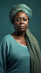 Wall Mural - Teal background sad black american independant powerful Woman realistic person portrait of older mid aged person beautiful bad mood expression Isolated on Background 