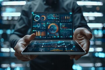 Wall Mural - Person holding tablet with futuristic interface