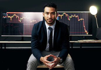 Poster - Portrait, business man and computer with stock market update for financial investment, research and trading. Male person, pc and fintech display on screen for budget, ecommerce and accounting