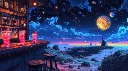 Wall Mural - Abstract illustration of galaxy stars viewed from a secluded beach.