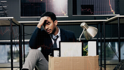 Poster - Business man, stress and unemployment in office with worry, anxiety or sad for job loss. Stock broker, employee and mental health in market crash, recession or financial crisis and retrenched
