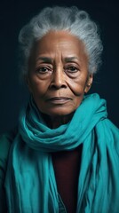 Wall Mural - Turquoise background sad black american independant powerful Woman realistic person portrait of older mid aged person beautiful bad mood