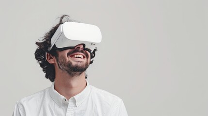 Wall Mural - A man joyfully explores a virtual reality world through white goggles on a flat white background. Generative AI