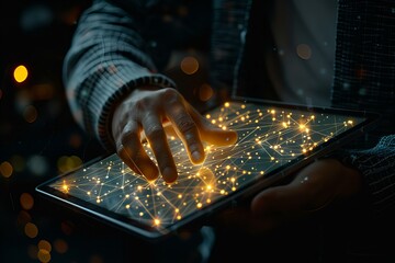 Canvas Print - Person holding tablet with glowing screen