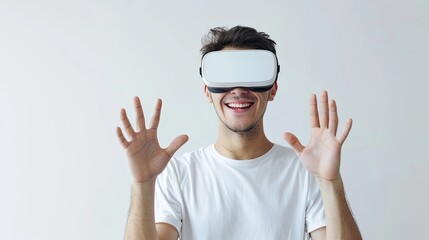 Fototapete - A man joyfully wearing white virtual reality glasses against a plain background. Generative AI
