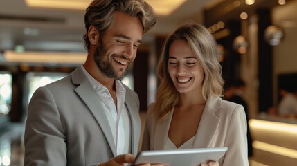 Leinwandbilder - Happy businesswoman and businessman using tablet in the office. The businessman was showing the digital screen to the woman while standing together at the hotel reception. Generative AI.