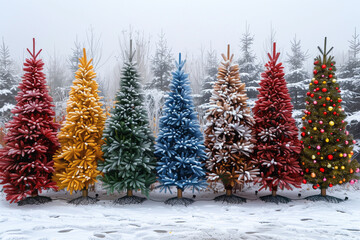 Wall Mural - Colorfully decorated Christmas trees isolated on white background