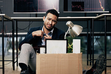 Poster - Businessman, stress and unemployment in office with worry, anxiety or sad for job loss. Stock broker, employee and mental health in market crash, recession or financial crisis and retrenched on floor