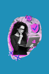 Aufkleber - composite photo collage of blue color black white silhouette smart lady hold laptop hacker bug secur