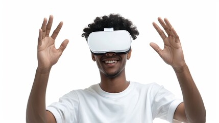 Fototapete - A man ecstatically experiences virtual reality through his white headset, isolated on a flat white background. Generative AI