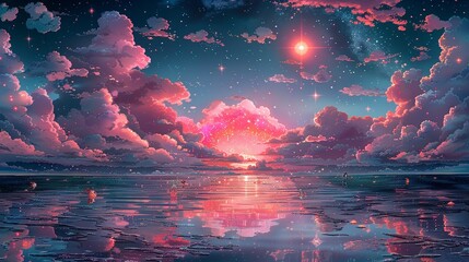 Wallpaper Illustration, Pink Galaxy Over a Black Ocean: A mesmerizing illustration of a pink galaxy reflecting on a black ocean, with cute sea creatures and stars creating a magical scene.