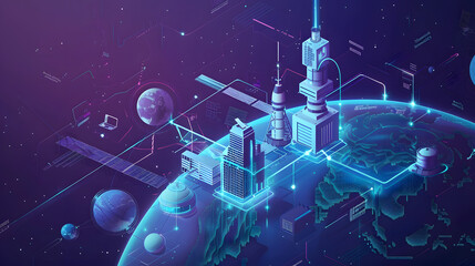 Wall Mural - A digital city  with a purple and blue color scheme. The city is connected to a digital network.