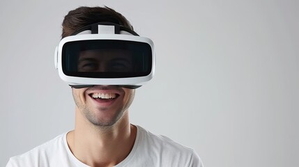 Fototapete - A joyful man explores virtual reality through white goggles in an isolated setting. Generative AI