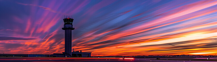 Airport control tower at dusk, vibrant sunset, long exposure light trails, dynamic sky, vivid colors