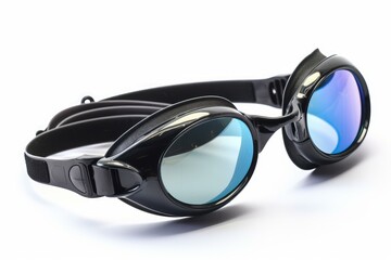 Black swimming goggles with blue mirrored lenses isolated on a clean white surface