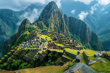 Wall Mural - Machu Picchu's Sacred Landscape Italian Scholars Study Peru's Enigmatic Ruins Contemplating Integration of Architecture Natural Environment Inca Civilization's Sacred City Offering Insights into Andea