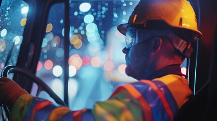 A construction worker wearing a smart helmet while operating heavy machinery with the HUD displaying speed limits and alerts.